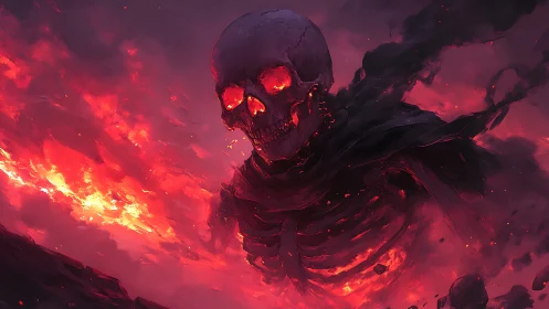 Flaming skeletal wraith emerges from infernal crimson storm