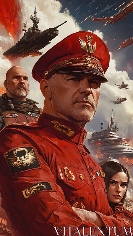 Resolute space commander stands firm amid burning skies.