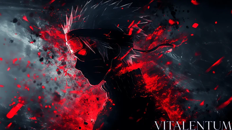 Silhouetted shinobi dissolves into red energy and darkness.