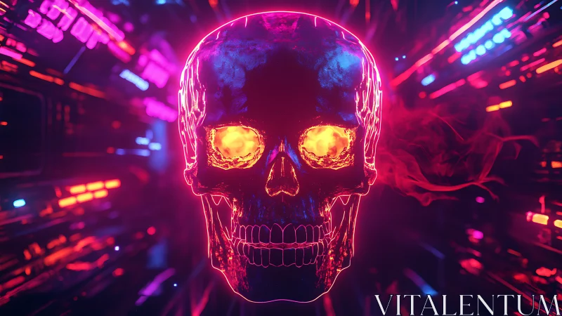 Neon cyber skull hovers in a glowing tunnel of electric light.