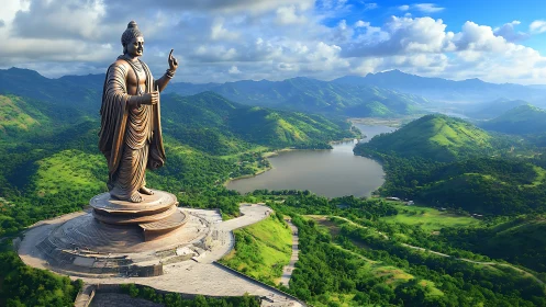 Colossal Buddha statue above lush lakeside mountain valley.