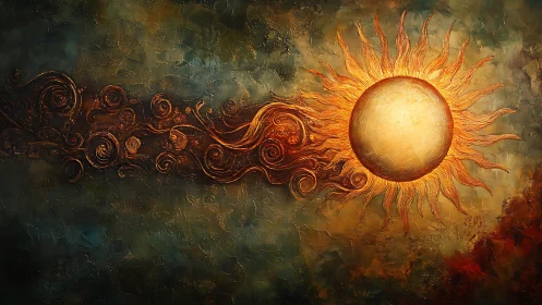 Radiant golden sun with swirling textured abstract rays.