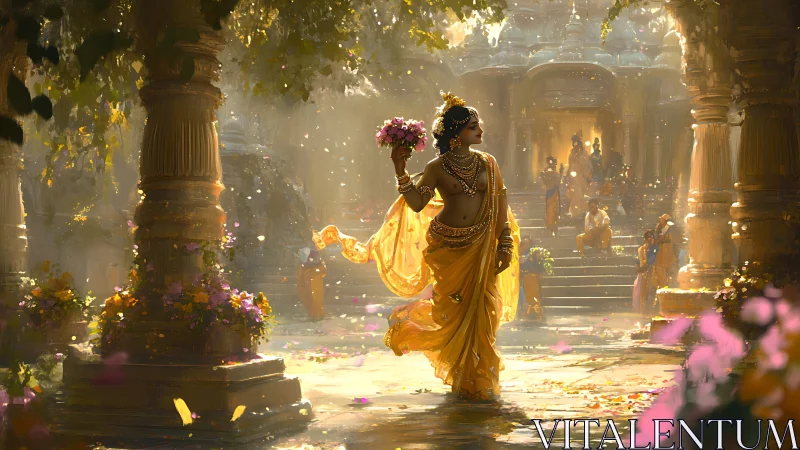 Golden-robed dancer glides through a sunlit temple garden