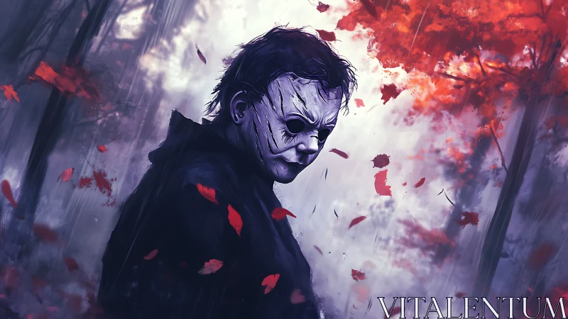 Masked figure in stormy autumn forest with high contrast lighting