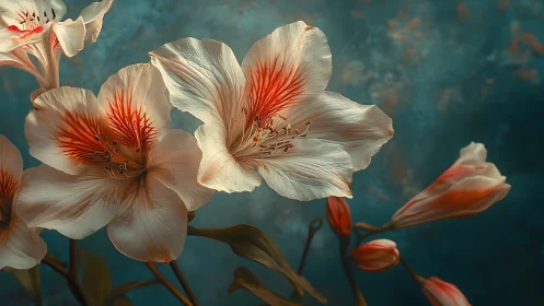 Amaryllis Blooms with Crimson-Striped Petals Against Teal Backdrop