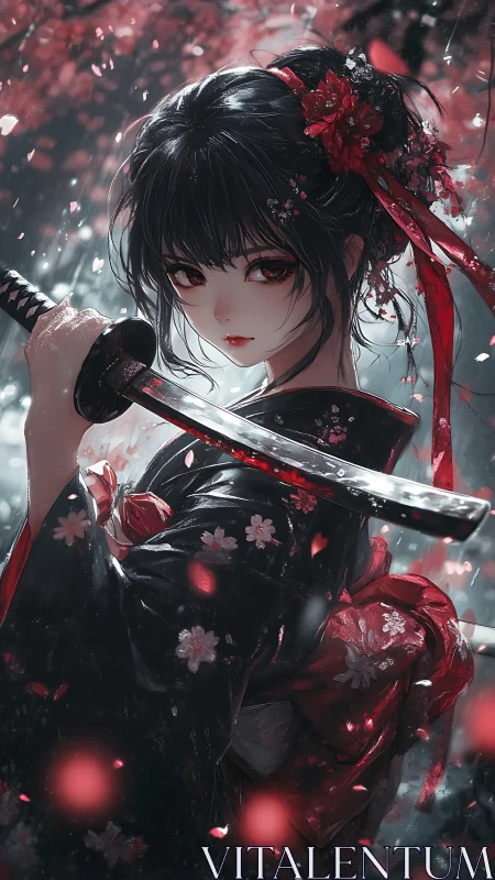 Cherry blossoms swirl as a poised katana maiden stands ready