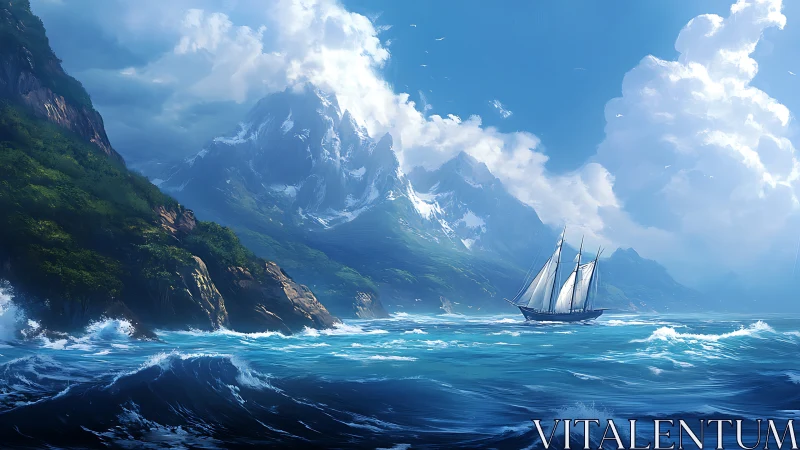 Tall ship under towering coastal mountains at sea.