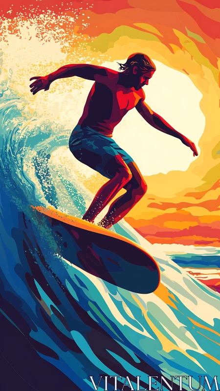 Sunlit surfer riding a vibrant wave at glowing sunset.