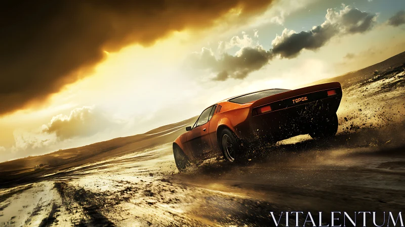 Retro sports car powers through wet desert under storm sky