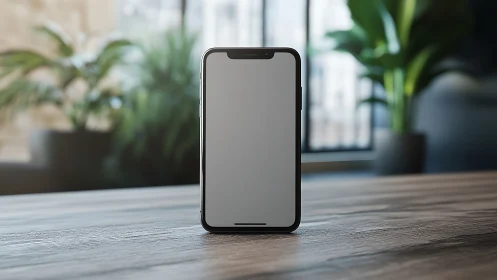 Modern smartphone with edge-to-edge display and notch design positioned on wooden desk surface