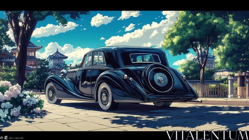 Streamlined vintage sedan amid sunlit neo-traditional streetscape.
