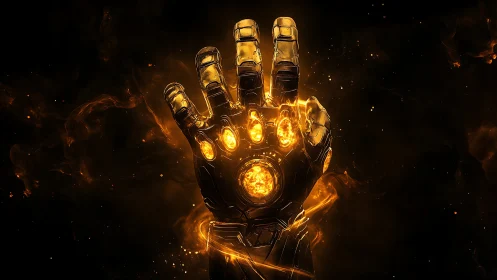 Fiery robotic gauntlet rises in cosmic darkness and power