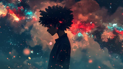 Silhouetted figure stands before dense, luminous nebula clouds