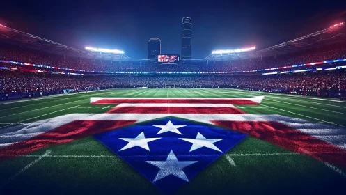 Night football stadium with patriotic turf graphic centerpiece.