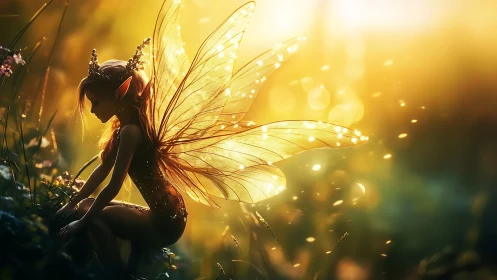 Golden forest fairy resting in glowing evening light.