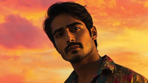 Photorealistic sunset portrait with warm rim lighting emphasis.