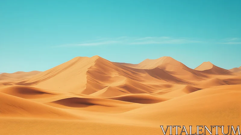 Sunlit desert sand dunes under clear turquoise sky.