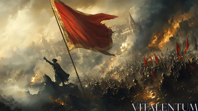 Commanding general beneath scarlet war standard in burning siege.