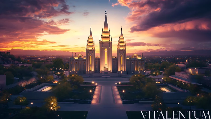 Sunset-lit cathedral with glowing spires and grand plaza.