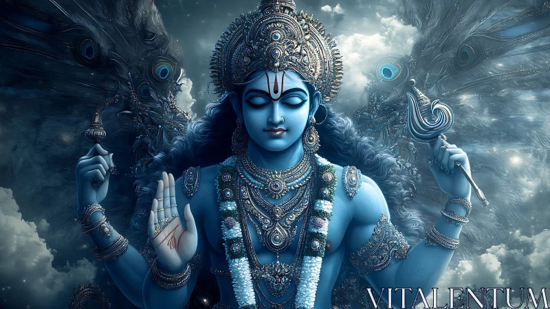 Skyborn blue deity breathes stillness through jeweled storms