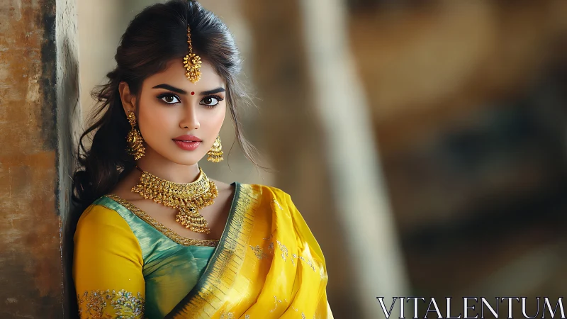 Photorealistic portrait in golden sari with jewelry detailing.