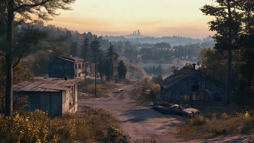 Quiet backroad sunrise over worn shacks and soft hills.