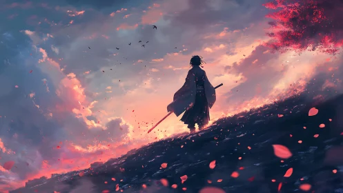 Lone swordsman quietly rewrites dusk beneath drifting petals
