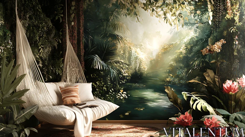 Interior hammock beside large wall mural of dense riverine forest.