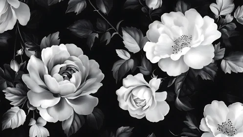 White Peonies and Roses Against Black. Monochrome Garden Study.