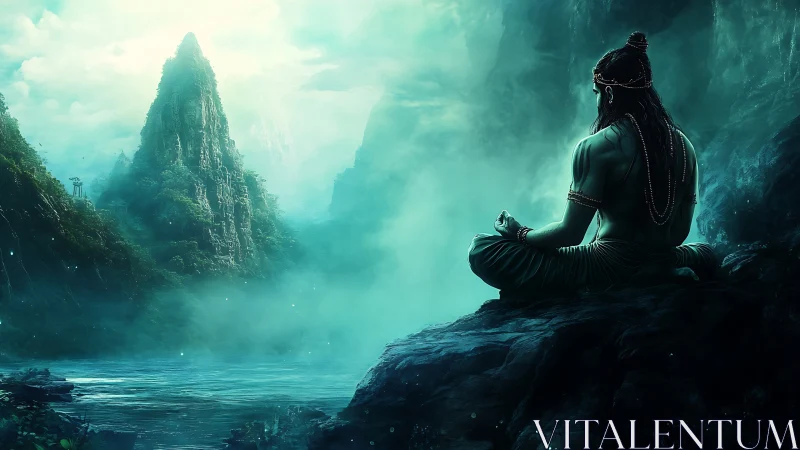 Meditating ascetic overlooks ethereal turquoise mountain valley