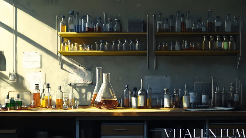Sunlit laboratory workbench lined with glass chemistry bottles.
