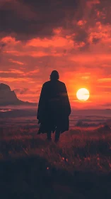 Solitary cloaked wanderer walks toward a blazing red sunset