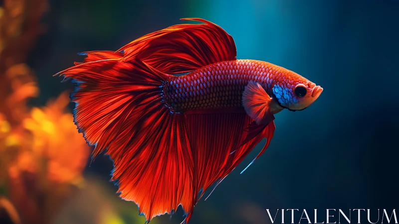 Scarlet betta ballerina swirling through twilight water.