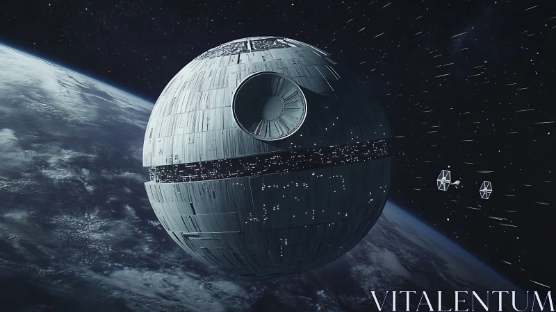 Planet-killing battle station orbits shadowed terrestrial world.