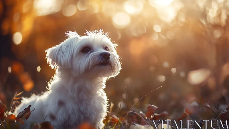 Sunlit white puppy wandering through dreamy autumn glow.