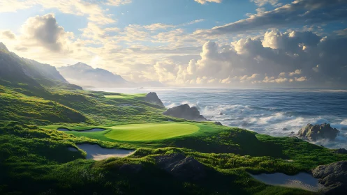 Coastal golf green beside rocky shoreline and open sea.