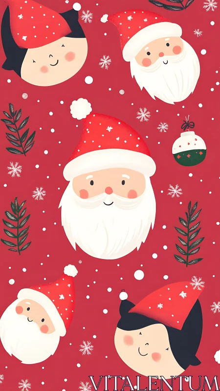 Seamless flat Christmas pattern shows stylized Santas on red background