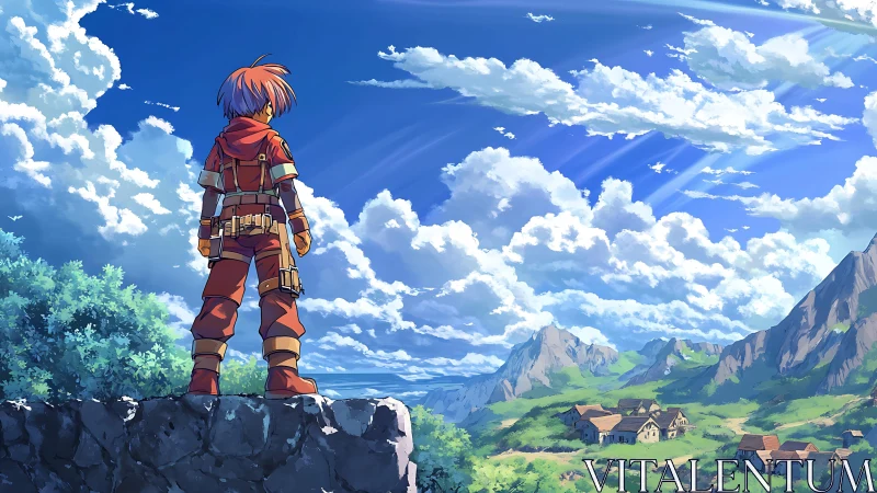 Young adventurer surveys a vast, sunlit fantasy valley.