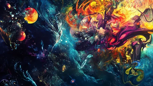 Cosmic figure dissolves into swirling nebula and distant planets