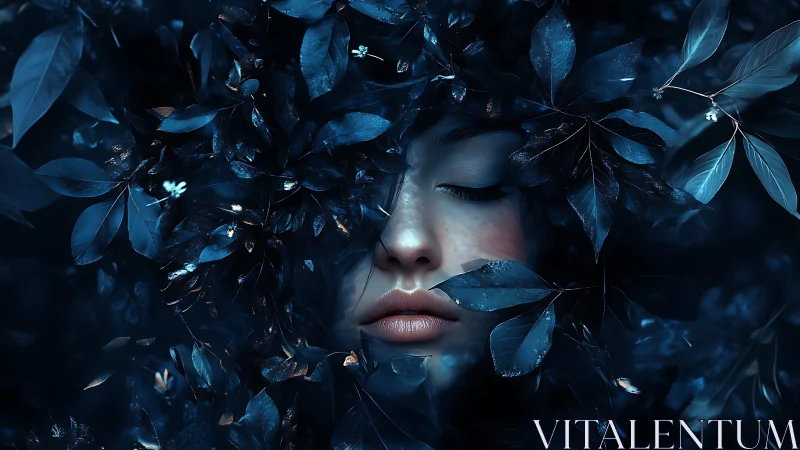 Midnight muse entwined in luminous sapphire foliage.