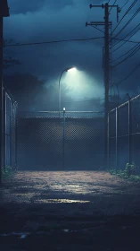 Rain-soaked fenced alley illuminated by solitary streetlamp