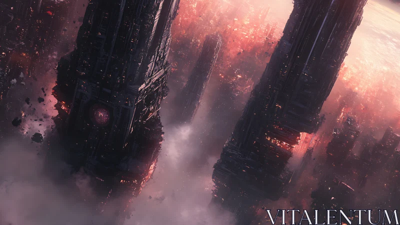 Monolithic cybernetic towers descend through irradiated fog field