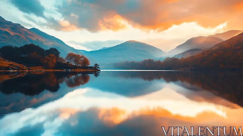 Sunlit mountains reflect across still lake surface at dusk