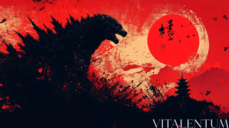Monochrome kaiju silhouette against saturated red sunfield.