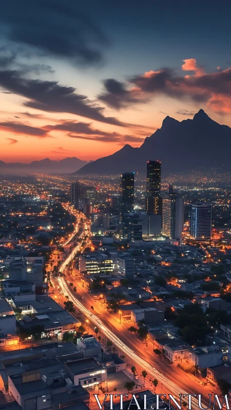 Luminous city avenues glow beneath dramatic sunset peaks