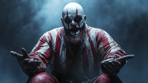 Sinister clown portrait in moody cinematic blue haze.