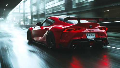 Midnight red sports car slicing through rainy city streets.