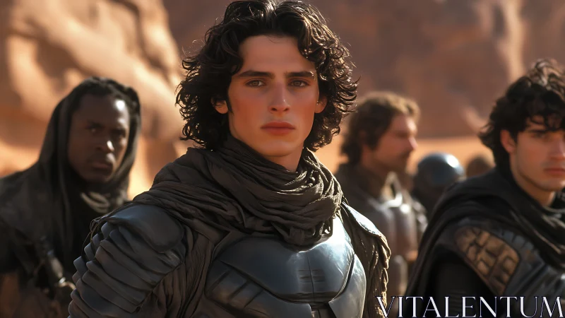 Photorealistic desert warriors in layered tactical armor.