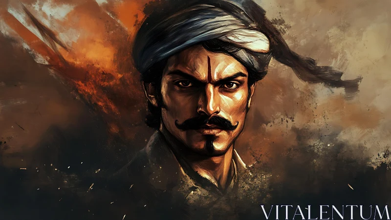 Warrior portrait in smoldering ochre and charcoal swirls.