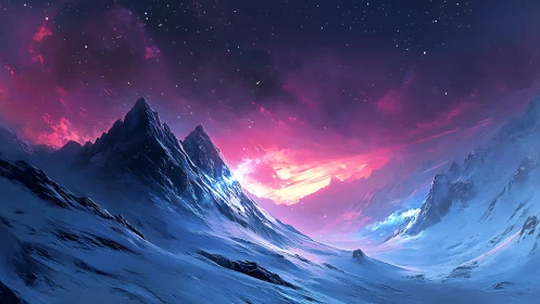 Snowbound peaks sip starlight beneath a burning nebula sky